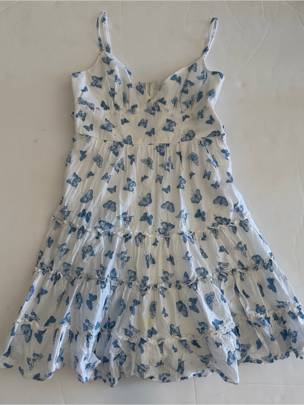 B. Smart White Sundress with Blue Butterfly Pattern